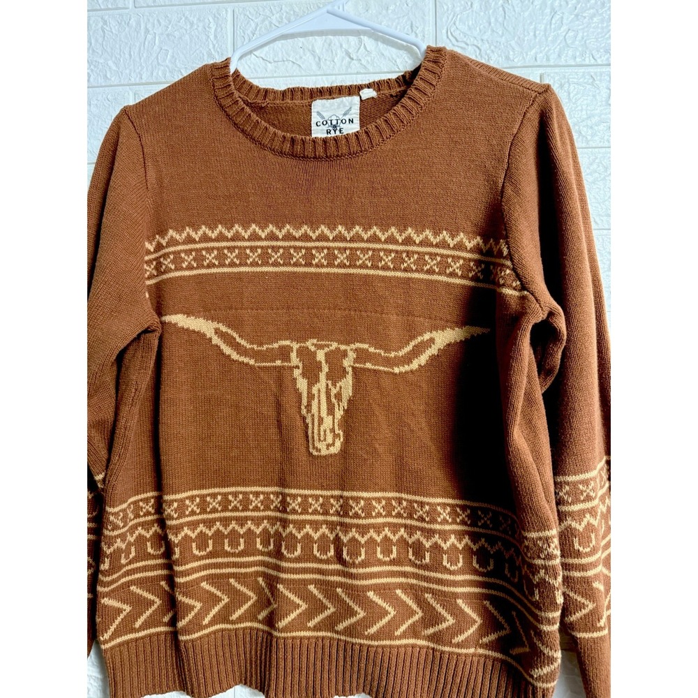 Cotton & Rye Outfitters Womens L Longhorn Skull Sweater Brown & Tan Western - Picture 2 of 9